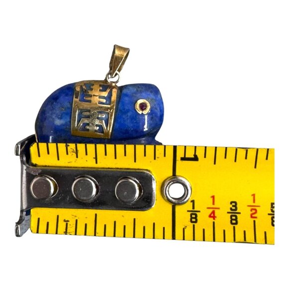 Vintage Elephant Pendant Natural Lapis Lazuli 14K Gold Ruby Eye Good Luck 1" - Picture 4 of 6
